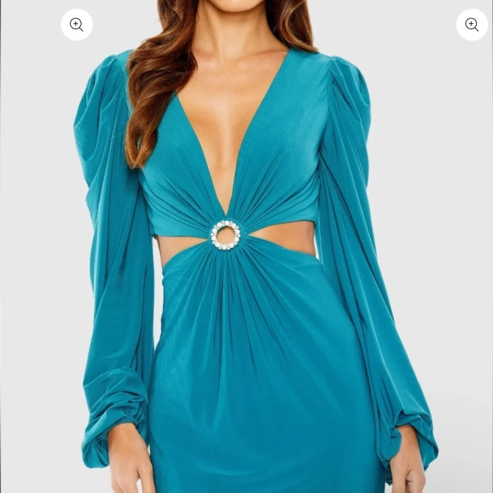 NWT |Mac Duggal 26727 Ocean Blue Jersey Puff Sleeve Cut Out Gown Size 12 - Picture 2 of 12